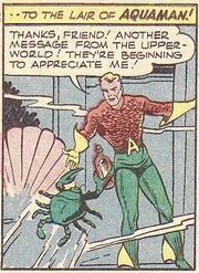 The Golden Age Aquaman communicating with sea life by an ancient Atlantean temple he uses as his lair, as depicted by Louis Cazeneuve.