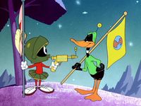 Daffy, as Duck Dodgers, faces off against Marvin the Martian in the 1953 short Duck Dodgers in the 24½th Century.