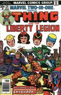 Marvel Two-In-One #20 (Oct. 1976), cover art by Kirby &  Frank Giacoia, with John Romita Sr. corrections. Golden Age heroes the Whizzer, Miss America, the Patriot and the Blue Diamond look on.