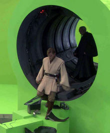 Ewan McGregor standing on an almost completely green screen set. This type of set was used frequently during the production of Revenge of the Sith.
