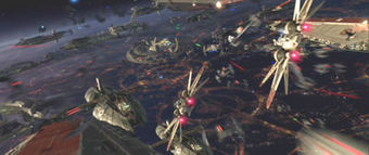 The Battle of Coruscant is depicted as a mass of cruisers belonging to both sides in the upper atmosphere of Coruscant, with two Jedi fighters moving swifty through the labyrinthine arrangement of starships.