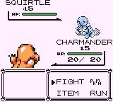 A screenshot from one of the first PokÃ©mon games, PokÃ©mon Red. The playerâ€™s Charmander battles a Squirtle.