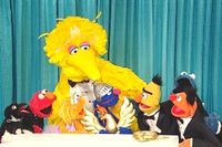 From A Celebration of Me, Grover, showing much of the main cast of Sesame Street. Left to right, a penguin, Elmo, Zoe, Big Bird, Grover, Bert, Ernie, Cookie Monster.