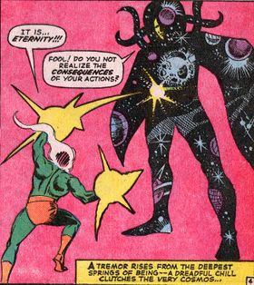 Dormammu attacks Eternity in a Steve Ditko Strange Tales panel.