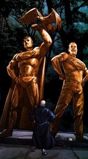 Lex Luthor stands before the Superman and Superboy memorials. From Action Comics #837 (2006). Art by Pete Woods.