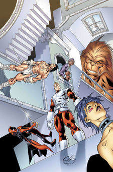 The "All-New, All-Different" Alpha Flight. Clockwise from top left: Yukon Jack, Centennial, Sasquatch, Puck II, Major Mapleleaf and Nemesis