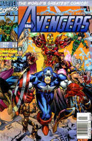 Avengers Vol. 2 #11, showing the Heroes Reborn Avengers.  Art by Michael Ryan