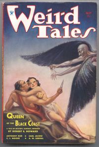 Cover of Weird Tales issue May 1934 featuring Conan and Bêlit from Queen of the Black Coast, one of Robert E. Howard's original Conan stories.