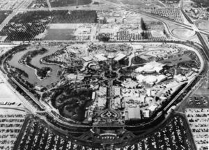 An aerial view of Disneyland in 1956. The entire route of the Disneyland Railroad is clearly visible as it encircles the park.