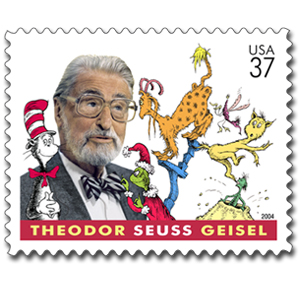 Postage stamp honoring Dr. Seuss and depicting him along with several of his creations, such as The Cat in the Hat and The Grinch. (courtesy of the United States Postal Service)