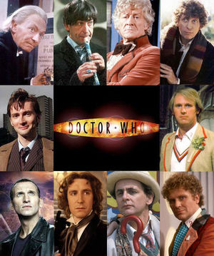 The ten faces of the Doctor. Clockwise from top-left: William Hartnell, Patrick Troughton, Jon Pertwee, Tom Baker, Peter Davison, Colin Baker, Sylvester McCoy, Paul McGann, Christopher Eccleston and David Tennant.