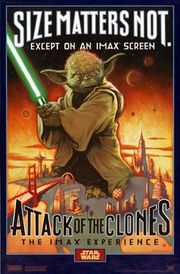Promotional poster for IMAX release of Attack of the Clones emphasizing Yoda.