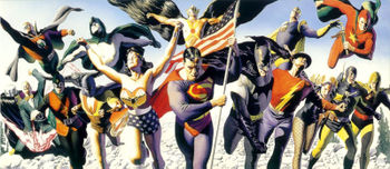 The Golden Age roster of the Justice Society of America.Art by Alex Ross.