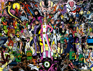 The rebooted Legion, with their allies and enemies. Art by Phil Jimenez.