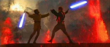 Obi-Wan Kenobi and Darth Vader duel on Mustafar in Episode III with blue lightsabers.