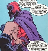 Magneto and mutant mentor Charles Xavier would eventually part ways after the self-anointed Master of Magnetism refused to believe that humans and mutants could peacefully coexist.  Art by Carlos Pacheco.