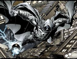 Moon Knight descending to the city streets, art by David Finch.