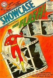 Showcase #4 (Oct. 1956), generally considered the first appearance of a Silver Age superhero. Art by Carmine Infantino & Joe Kubert.