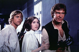 Princess Leia aboard the Death Star with her unknown twin Luke Skywalker, and her future husband Han Solo.