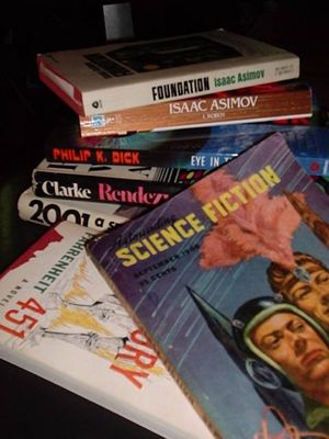 A collection of well-known science-fiction novels and magazines