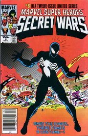 The cover of Secret Wars#8, which introduced Spider-Man's black costume. Pencil art by Mike Zeck.
