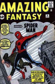 Amazing Fantasy#15 (Aug. 1962), the first appearance and origin story of Spider-Man. Cover art by Jack Kirby (penciler) and Steve Ditko (inker).