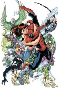 Amazing Spider-Man#500, featuring Spider-Man along with his wife, Mary Jane Watson, surrounded by many of his numerous villains. Art by J. Scott Campbell.