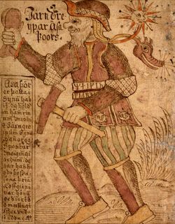 Thor carries his hammer and wears his belt of strength (MS SÁM 66, 18th century).
