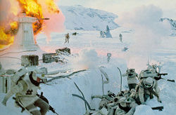 Rebel troops fight against the Imperial AT-AT Walkers and stormtroopers.