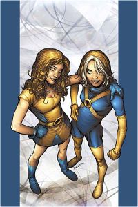 Cover to Ultimate X-Men #49, featuring Shadowcat (l.) and Rogue.  Art by Brandon Peterson.