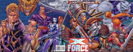 Variant cover to X-Force Vol. 1 #50 (1995), pencils by Rob Liefeld. From left to right: Boom Boom/Boomer/Meltdown, Cannonball (in background), Sunspot, Feral (in background), Warpath, Domino, Siryn, Cable, Shatterstar, Caliban.