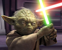 Master Yoda battling Emperor Palpatine/Darth Sidious in Revenge of the Sith.